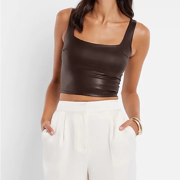 NWT Express Brown Body Contour Faux Leather Square Neck Cropped Top - Picture 1 of 6